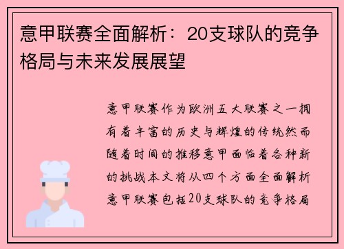 意甲联赛全面解析：20支球队的竞争格局与未来发展展望