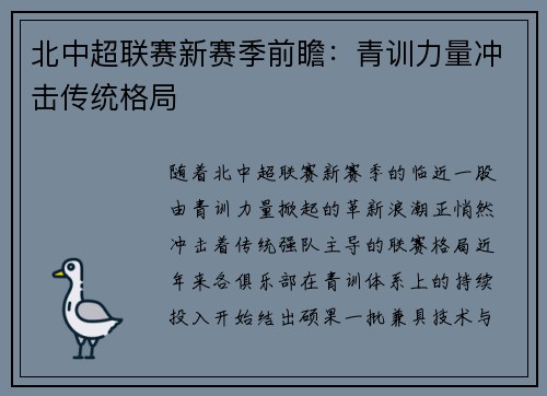 北中超联赛新赛季前瞻：青训力量冲击传统格局