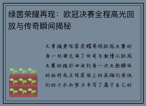 绿茵荣耀再现：欧冠决赛全程高光回放与传奇瞬间揭秘